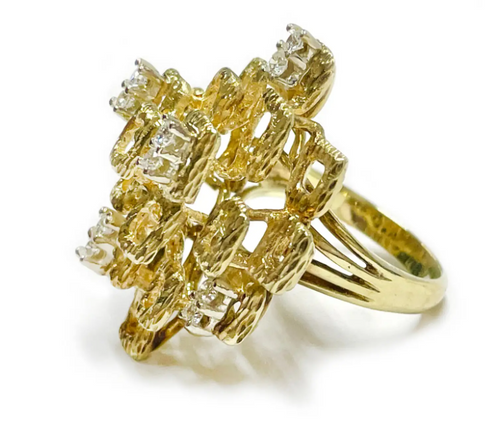 1st Dibs Yellow Gold Diamond Ring with Textured Finish, Circa 1980s