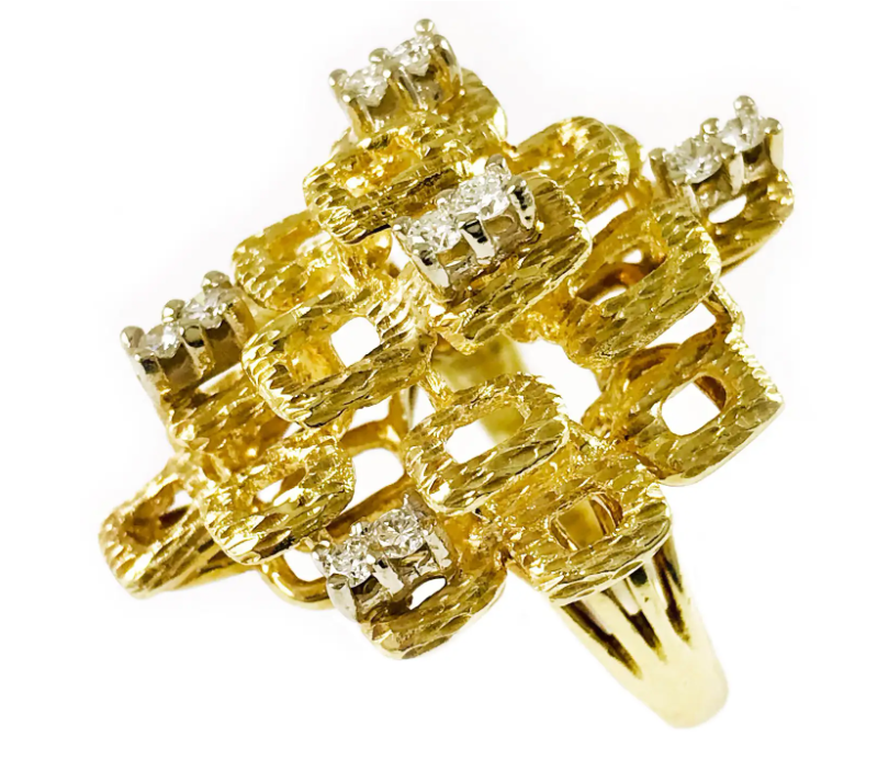 1st Dibs Yellow Gold Diamond Ring with Textured Finish, Circa 1980s