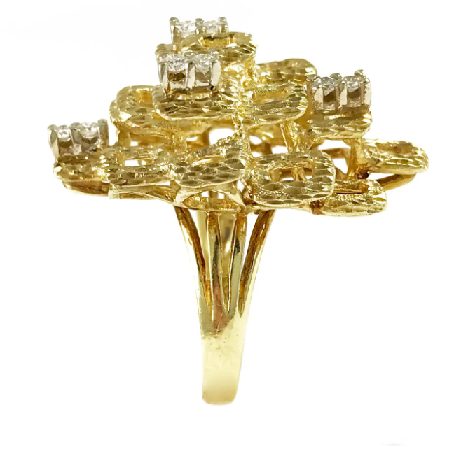 1st Dibs Yellow Gold Diamond Ring with Textured Finish, Circa 1980s