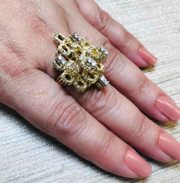 1st Dibs Yellow Gold Diamond Ring with Textured Finish, Circa 1980s